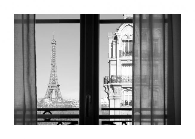  – Svartvitt foto av Eiffeltornet och en byggnad sedd från ett fönster