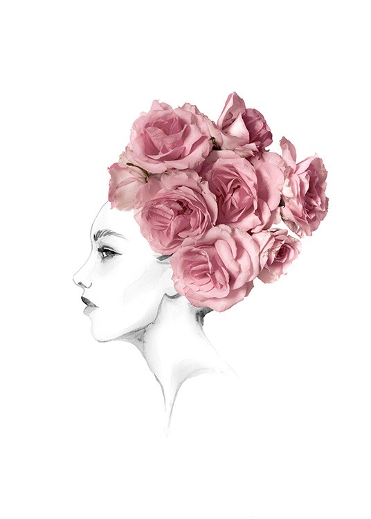  – Skiss av en kvinna i svartvitt med rosa rosor i håret som en hårknut