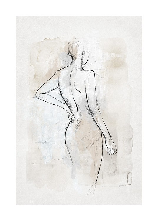  – Akvarell i grått och beige med en skiss av en naken kropp i svart