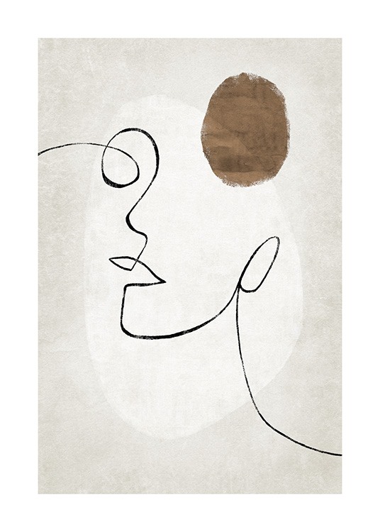  – Illustration med abstrakta former och ett ansikte i line art på en beige bakgrund