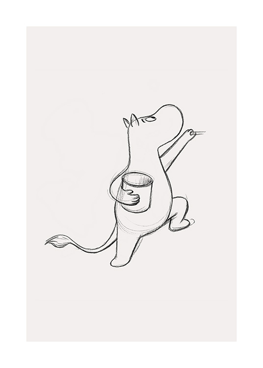  – Blyertsskiss av Mumintrollet från Mumindalen som håller en burk, tecknad på en ljusbeige bakgrund