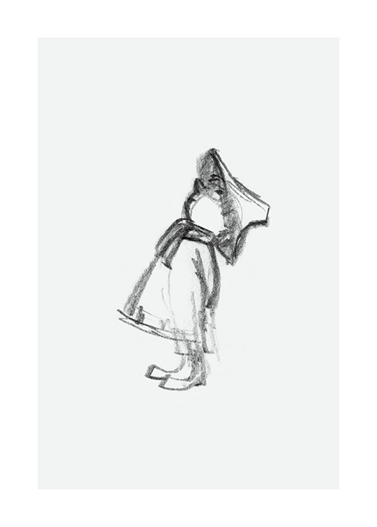  – Skiss av Mumindalens figur Snusmumriken som tittar upp med händerna på ryggen