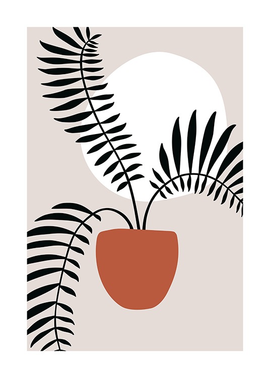  – Grafisk illustration av en orange kruka med tre svarta växter i och en vit cirkel i bakgrunden