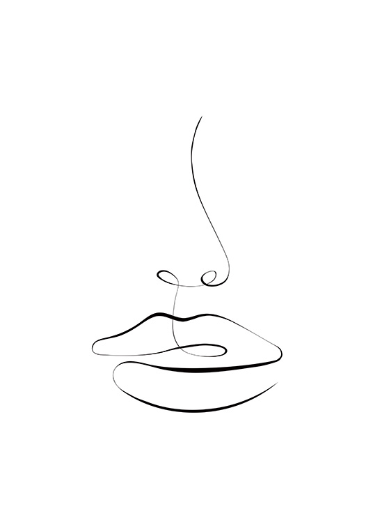 - Line art-illustration med abstrakt målning av läppar och näsa