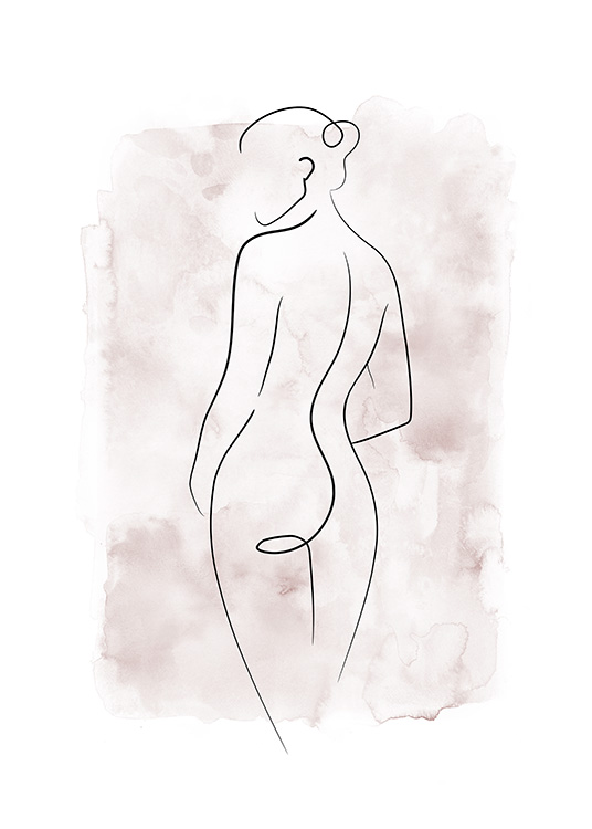  - Teckning av naken kvinna i line art med rosa akvarellbakgrund