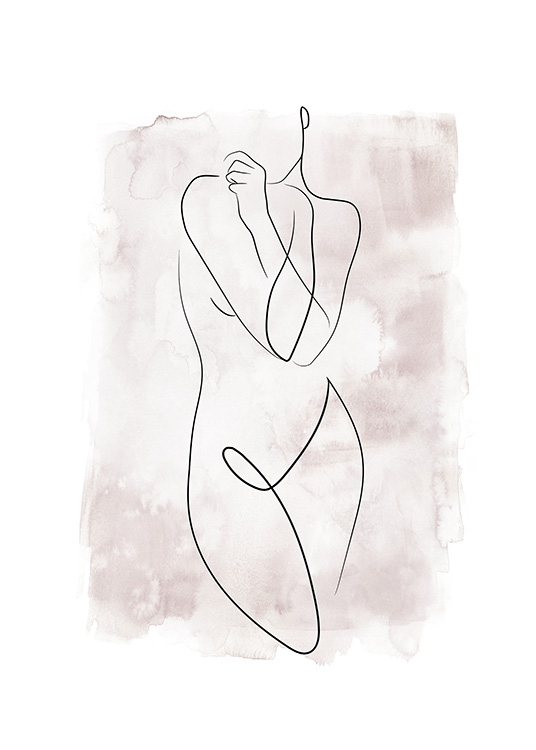  - Teckning av naken kvinnokropp i line art med rosa akvarellbakgrund