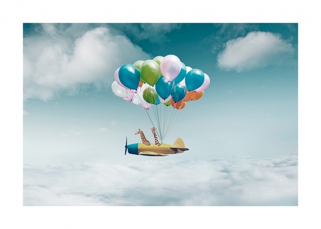  - Fotografi av ett knippe ballonger som håller uppe ett gult flygplan med giraffer i
