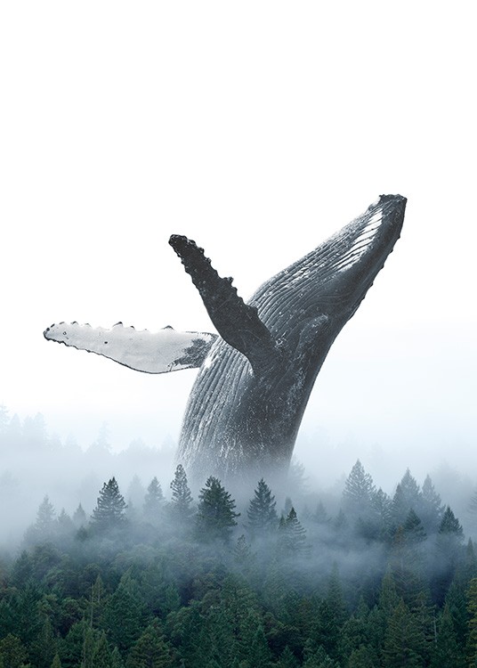  - Fotokonstposter med en val som kastar sig bakåt i en skog täckt av dimma