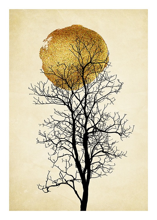  - Grafiskt konstmotiv med en gyllene sol bakom ett svart träd på en beige bakgrund med ränder