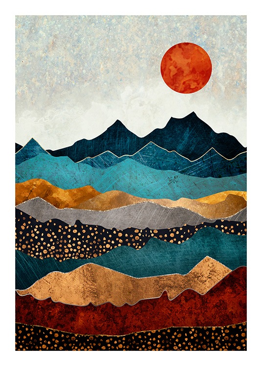  - Grafisk illustration med ett färgglatt bergslandskap och en röd sol i bakgrunden