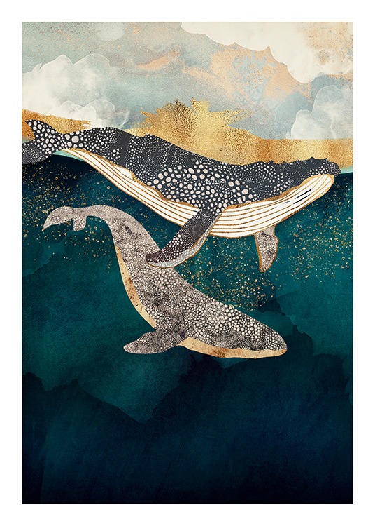  - Grafisk illustration i blått av två valar som simmar i ett hav