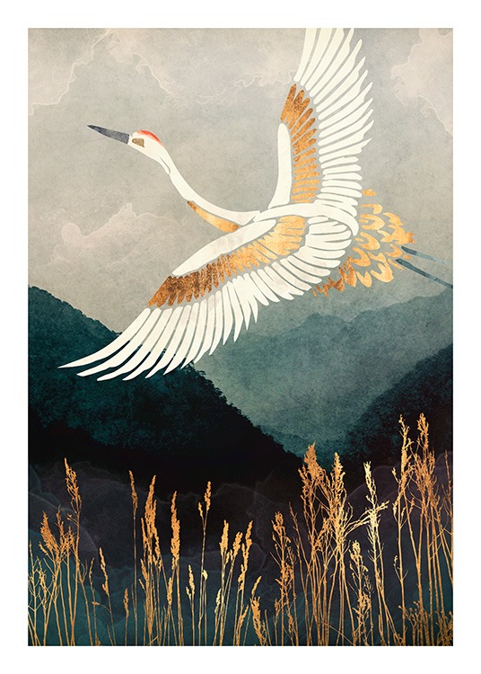  - Grafisk illustration av en trana i vitt och guld som flyger över ett bergslandskap och högt gräs