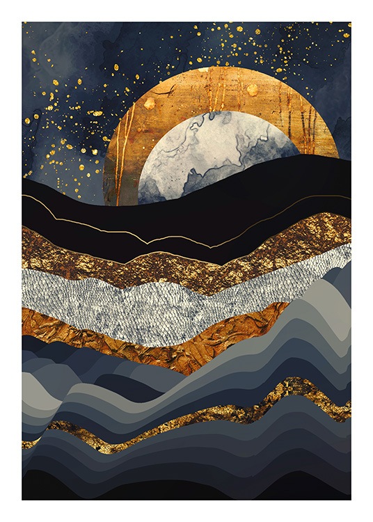  - Grafisk illustration av ett blått bergslandskap med en guldmåne i bakgrunden