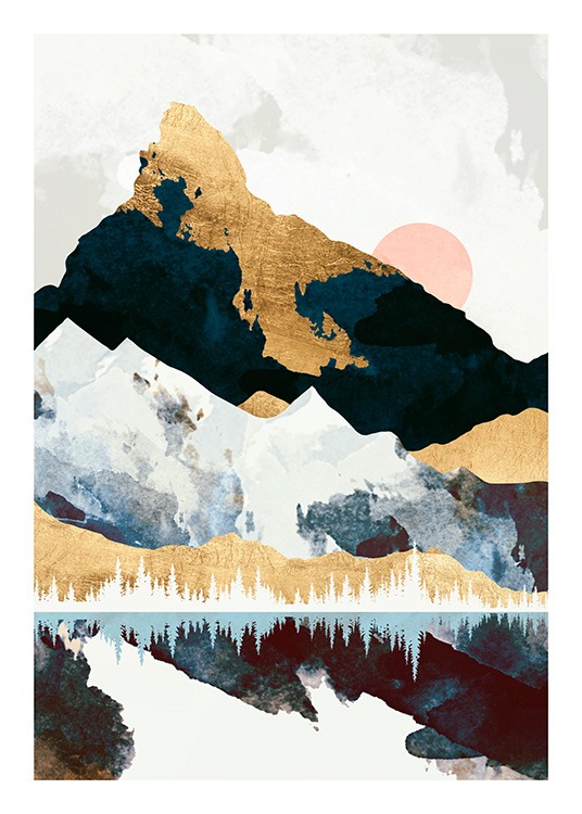  - Grafisk illustration av ett landskap med berg och en måne som reflekteras i en sjö