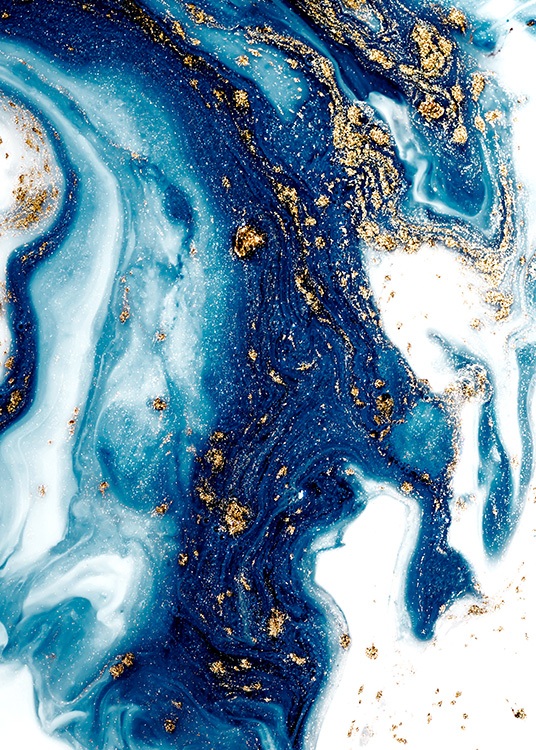  - Abstrakt oljemålning med målade virvlar i blått och vitt och gulddetaljer