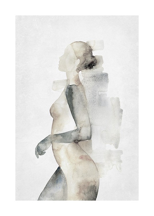  – Målning i akvarell av en naken kvinna i beige och grått sedd från sidan