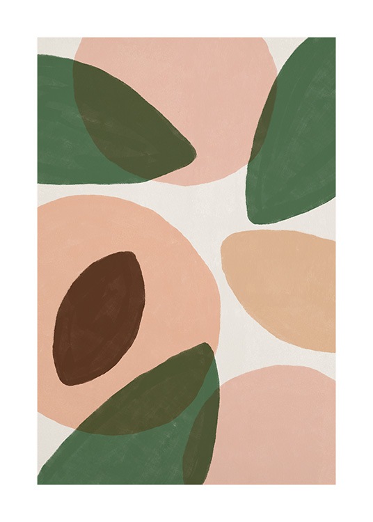  – Illustration med gröna blad och persikor mot en ljusgrå bakgrund