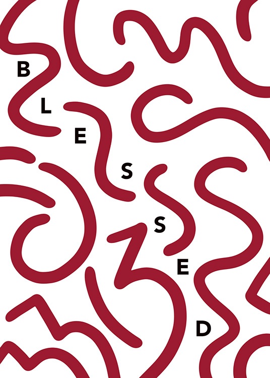  – Grafisk illustration med ordet ”Blessed” och tjocka, röda linjer mot en vit bakgrund