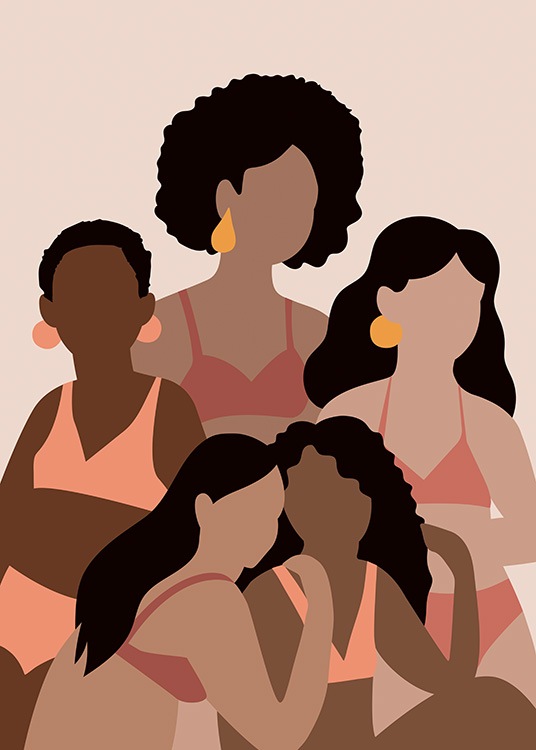  – Grafisk illustration med en grupp kvinnor som bär rosa och beige bikinis