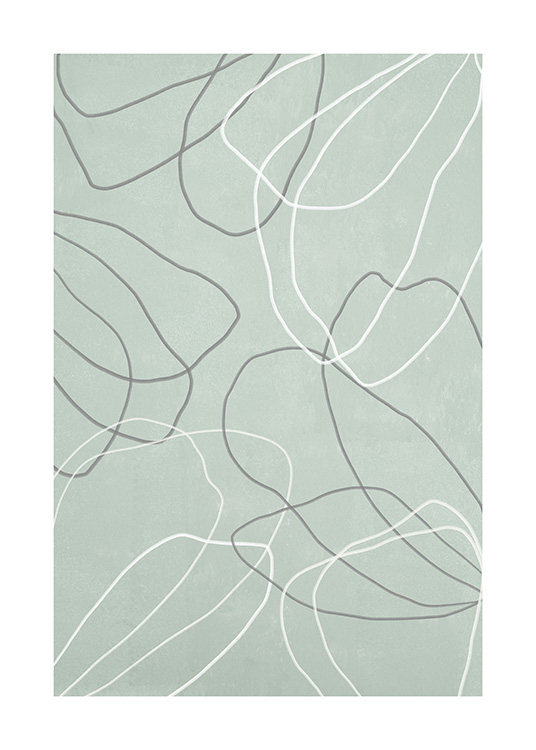  – Grafisk illustration i line art med blommor i vitt och grått på en grön bakgrund