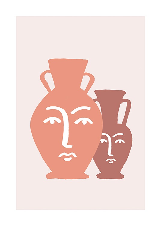  – Grafisk illustration med vaser i rosa och brunt, med abstrakta ansikten i vitt