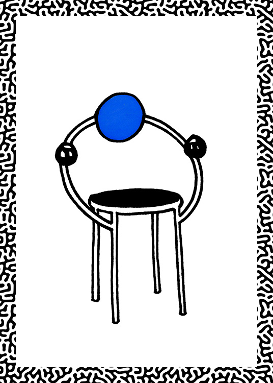  – Grafisk illustration med en abstrakt stol med ett runt ryggstöd och ett mönster som omger kanterna