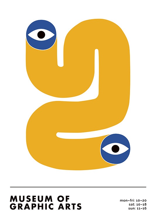  – Abstrakt grafisk illustration av en virvel i gult med blå ögon i ändarna
