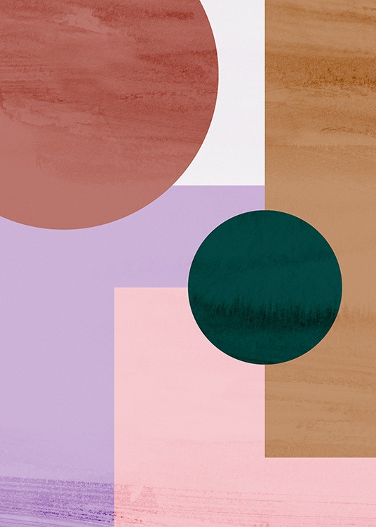  – Grafisk illustration med cirklar och rektanglar i rosa, lila, grönt och brunt