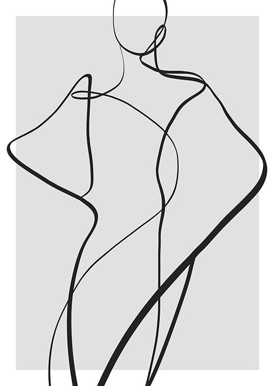  – Illustration med line art av en kropp i svart på en grå bakgrund
