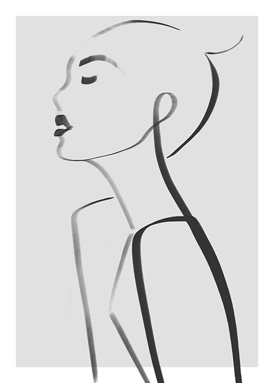  – Illustration av en överkropp och ansikte i svart line art på en grå bakgrund