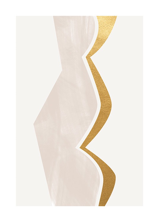  – Grafisk illustration med böjd form i guld och beige på en ljusgrå bakgrund
