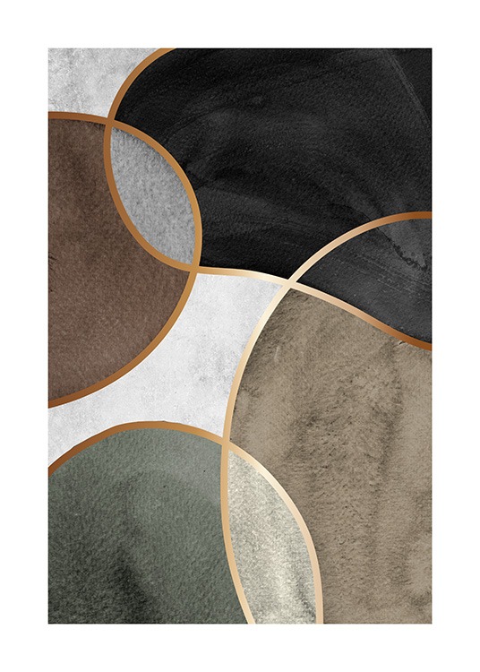  – Abstrakt illustration med svarta och bruna former med konturer i guld på en grå bakgrund
