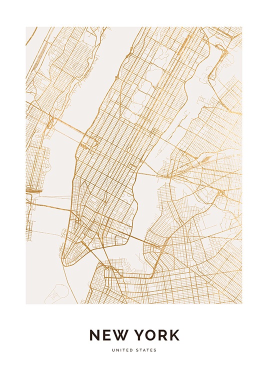  – Karta i guld över New York mot en vit bakgrund, med text längst ner