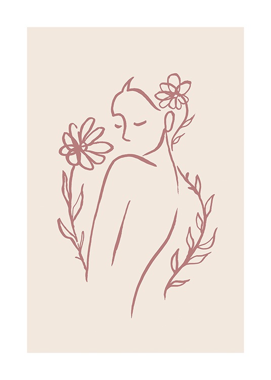  – Illustration i line art av en kvinna med blommor som omger henne, på en beige bakgrund