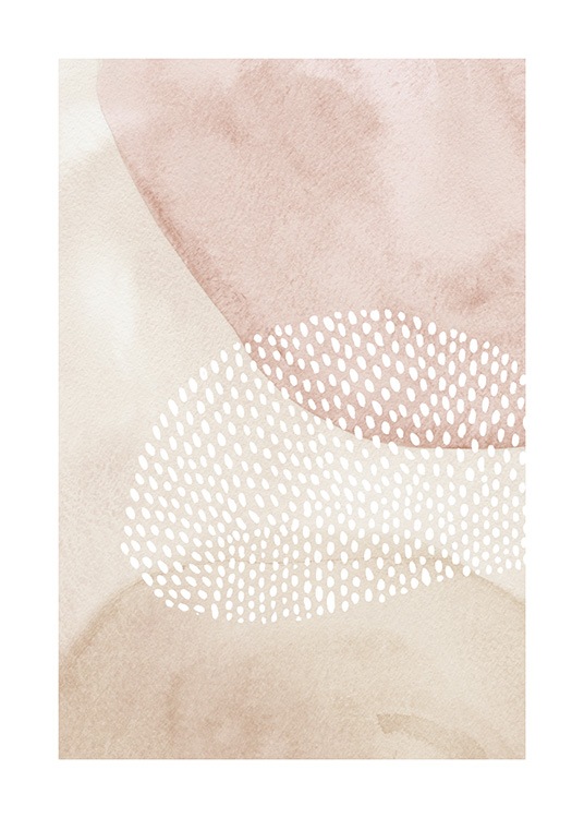  – Illustration med rosa och beige former bakom en form som bildas av små, vita prickar