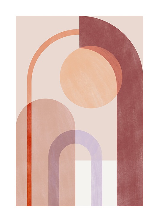  – Grafisk illustration i nyanser av rött, beige och lila med geometriska former