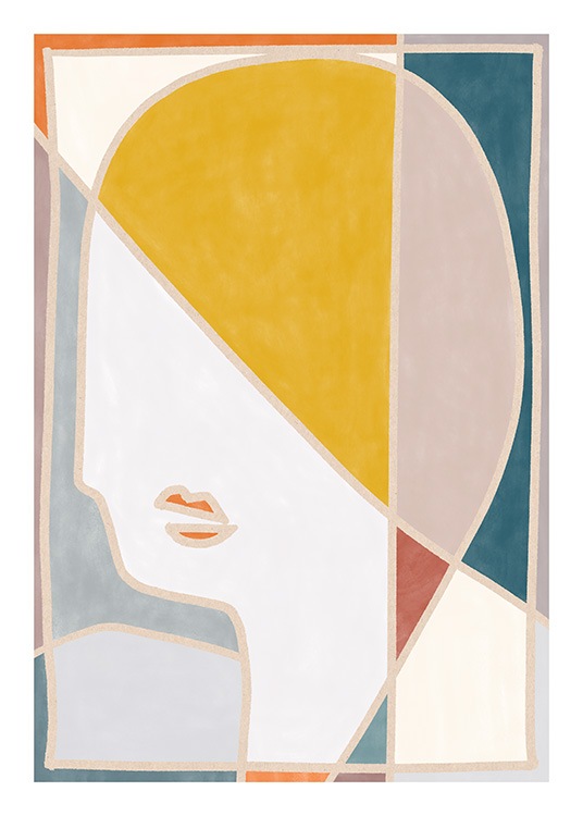 – Grafisk illustration med ett abstrakt ansikte sammansatt av färgglada block