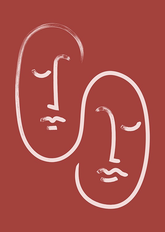  – Abstrakt, grafisk illustration med två ansikten målade i rosa på mörkröd bakgrund