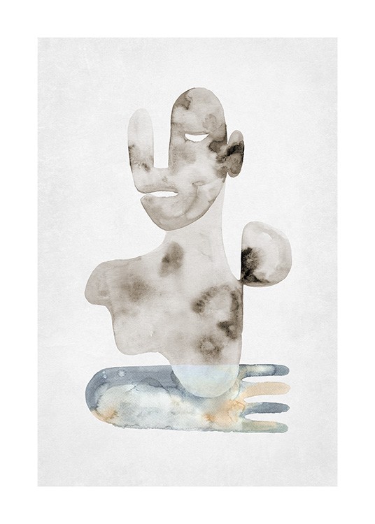  – Akvarell med en hand i blått och ett abstrakt ansikte i grått