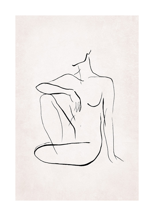  – Illustration i line art med en naken kropp som sitter ner, målad i svart och vitt på en ljusrosa bakgrund
