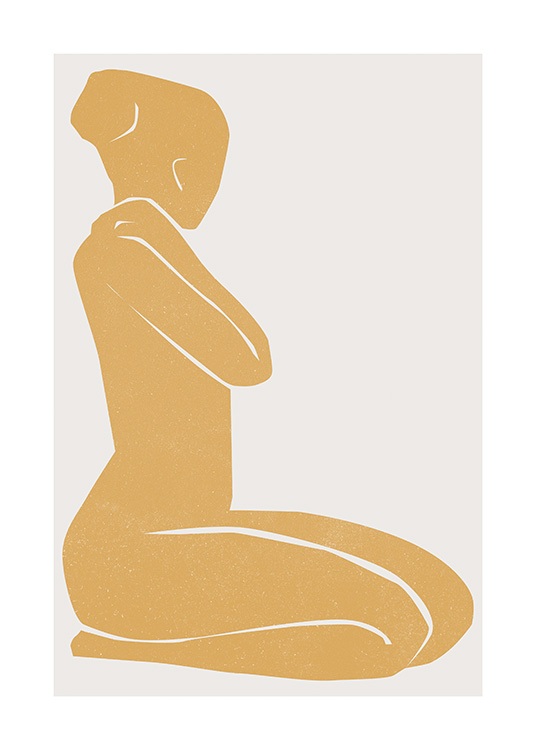  – Grafisk illustration av en kvinna målad i gult som sitter på knä
