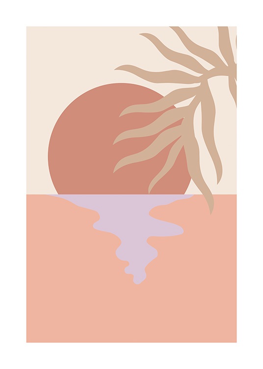  – Grafisk illustration av beige palmblad framför en solnedgång