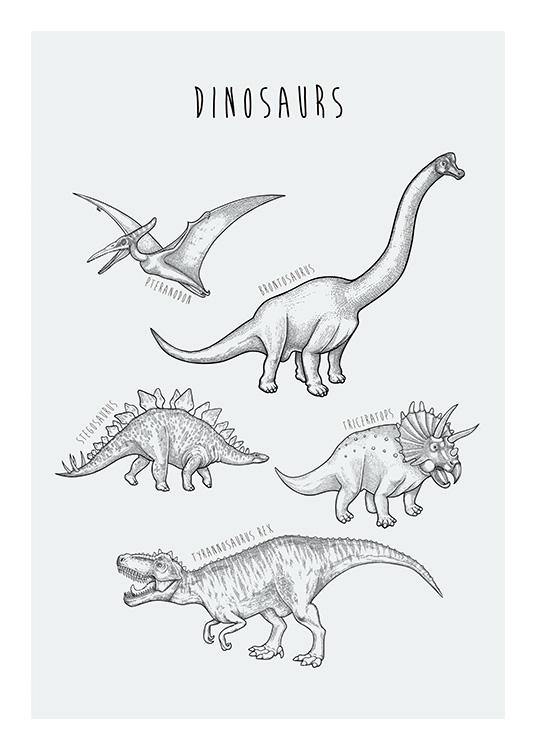 – Handritad illustration med olika typer av dinosaurier på en blågrön bakgrund