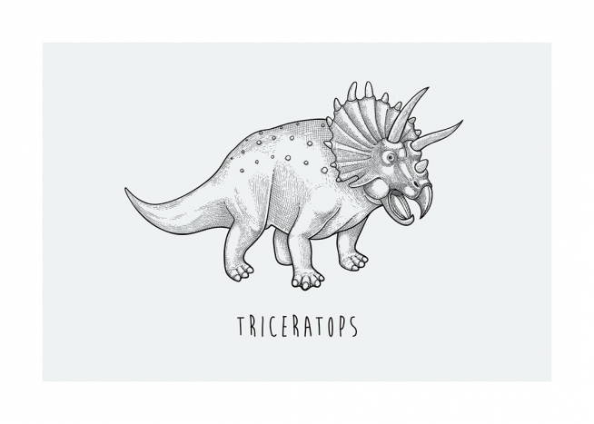  – Illustration av dinosaurien Triceratops, ritad i svart på en blågrön bakgrund