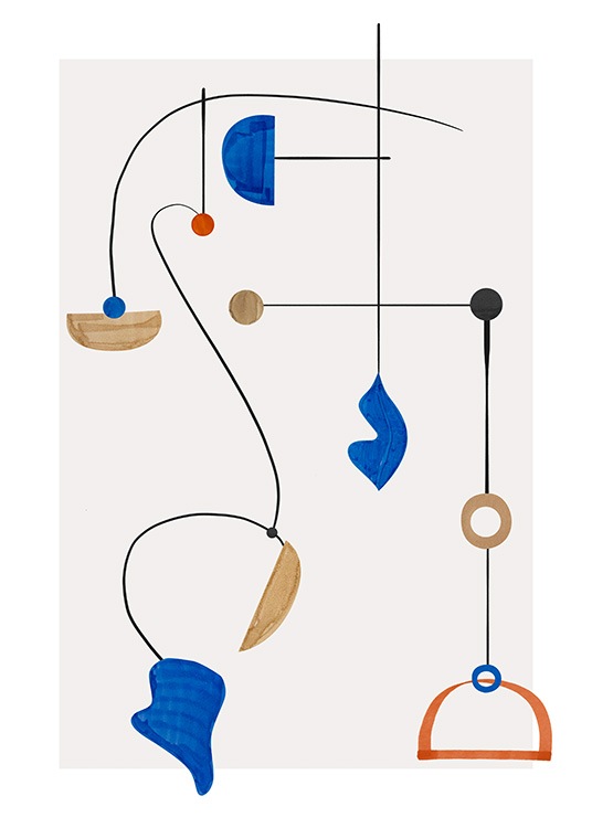  – Grafisk illustration med färgglada, abstrakta former som hänger i svarta linjer