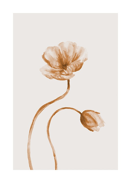  – Två blommor i brunt och beige målade i akvarell, på en ljusbeige bakgrund