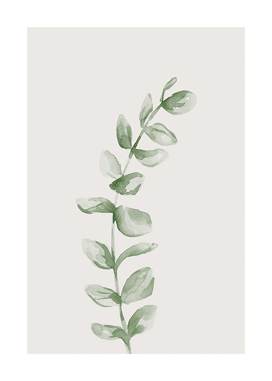  – Små, gröna blad på en gren målade i akvarell mot en ljusbeige bakgrund