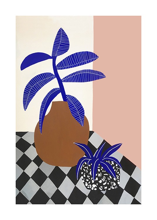  – Grafisk illustration av krukor med två blå växter mot en vit och rosa bakgrund