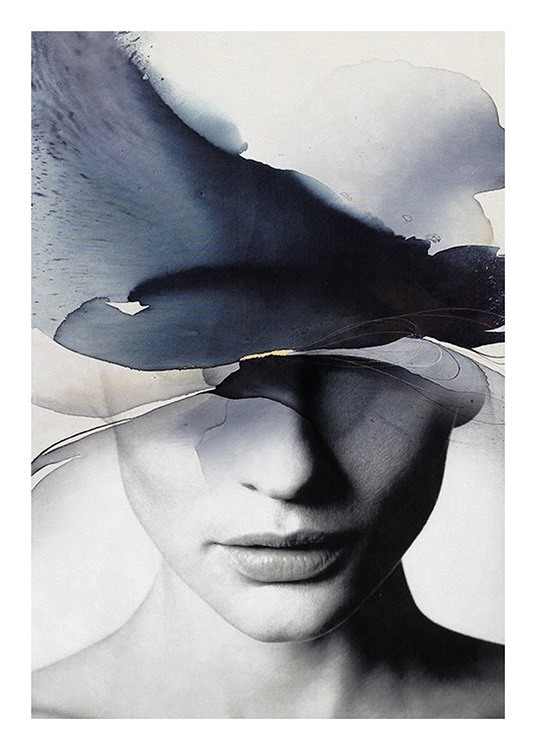  – Illustration med blå och beige färg som täcker en kvinnas ansikte