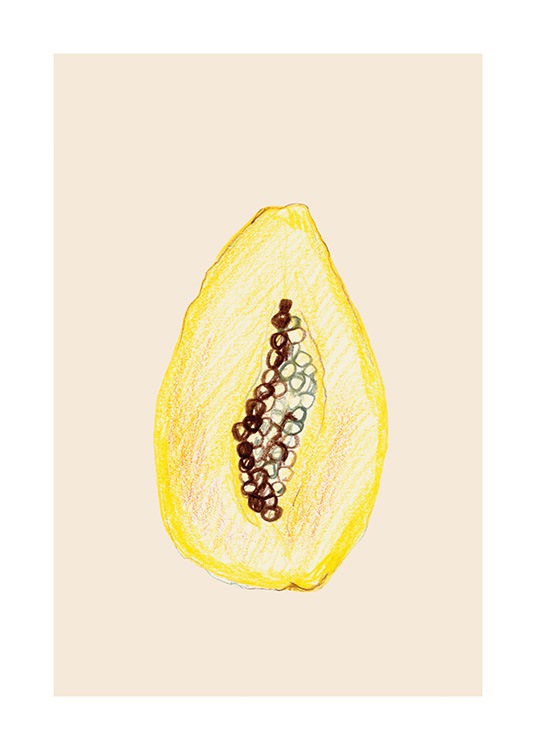  – Illustration av en gul papaya mot en ljusbeige bakgrund